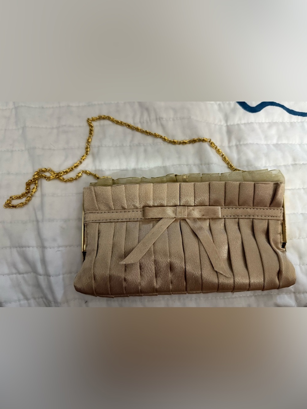 Satin Pleated Bow Clutch in Champagne